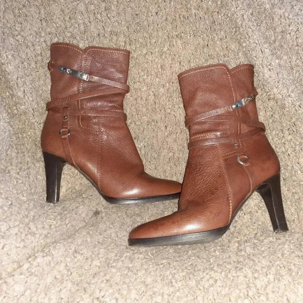 ALBERTO GOZZI-Brown Leather-Riding-Strappy-Mid-Calf-Zip Boots-Sz 38-Excellent